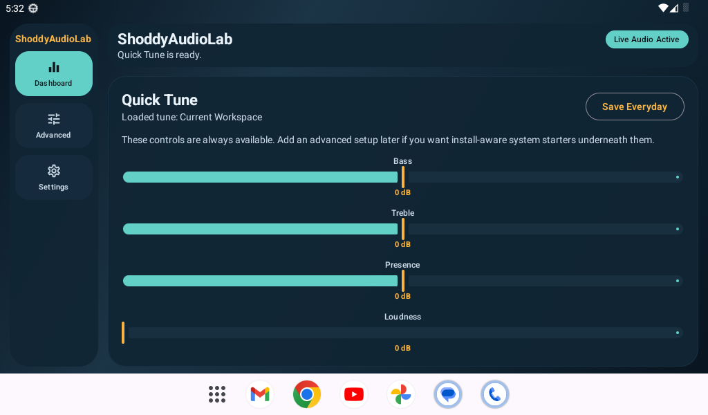 ShoddyAudioLab dashboard screenshot showing workspace mode, preset picker, and Quick Tune controls