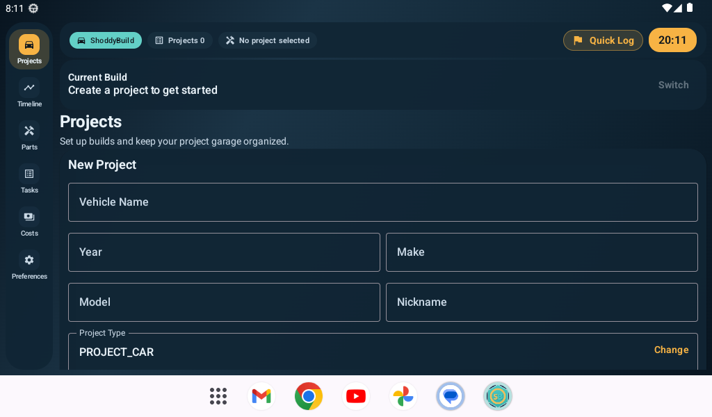 ShoddyBuild projects screenshot showing new project setup fields and current build status