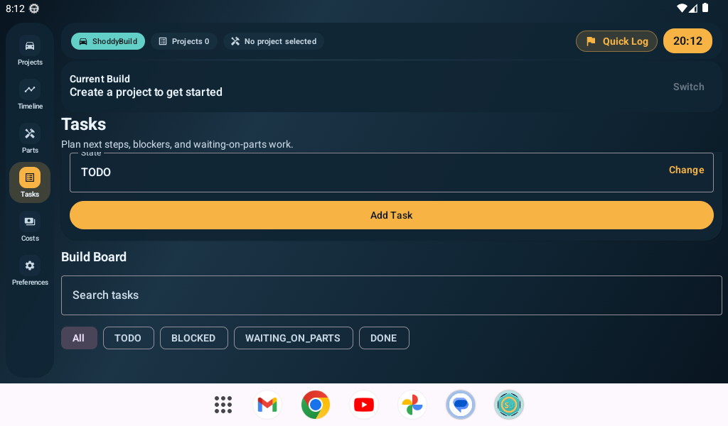 ShoddyBuild task board screen
