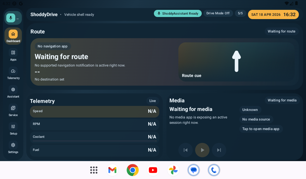 ShoddyDrive dashboard screenshot showing telemetry and route panels