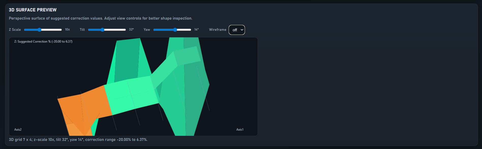 3D surface preview for correction map inspection.