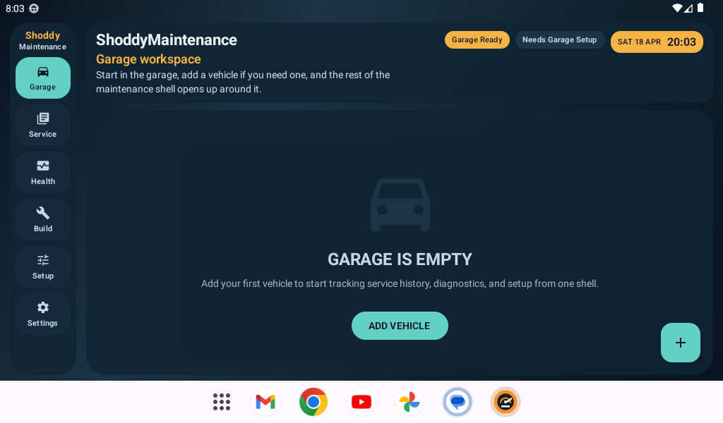 ShoddyMaintenance garage workspace screen.