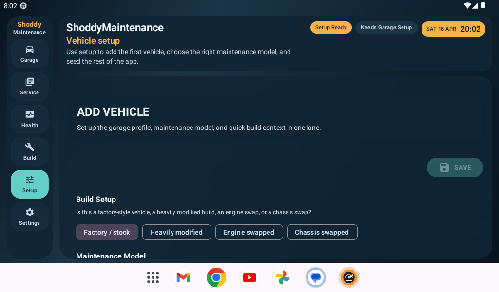 ShoddyMaintenance setup screenshot showing add vehicle flow and maintenance model choices