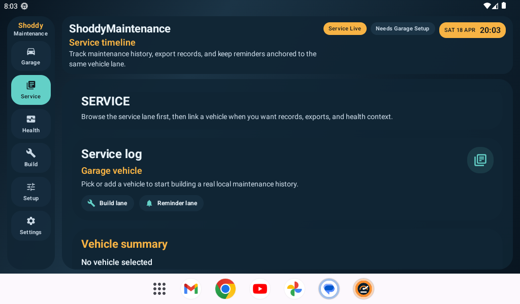 ShoddyMaintenance service log entry screen