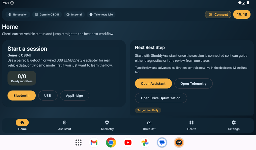 ShoddyScan home screen with session start controls.