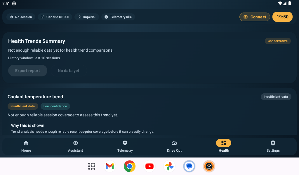 ShoddyScan health trends summary screenshot showing reliability-aware trend state and reporting actions