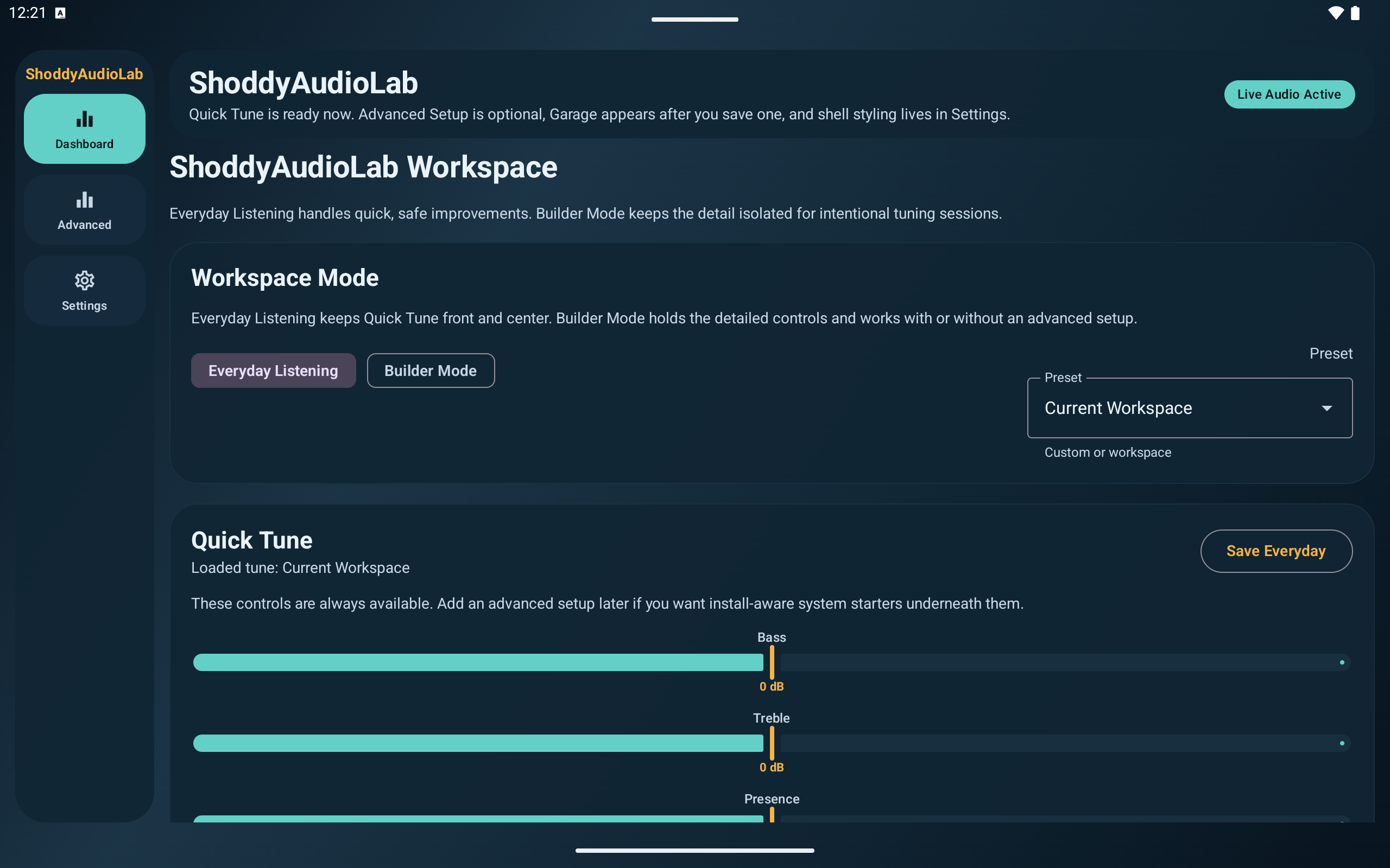 ShoddyAudioLab dashboard screenshot showing workspace mode, preset picker, and Quick Tune controls