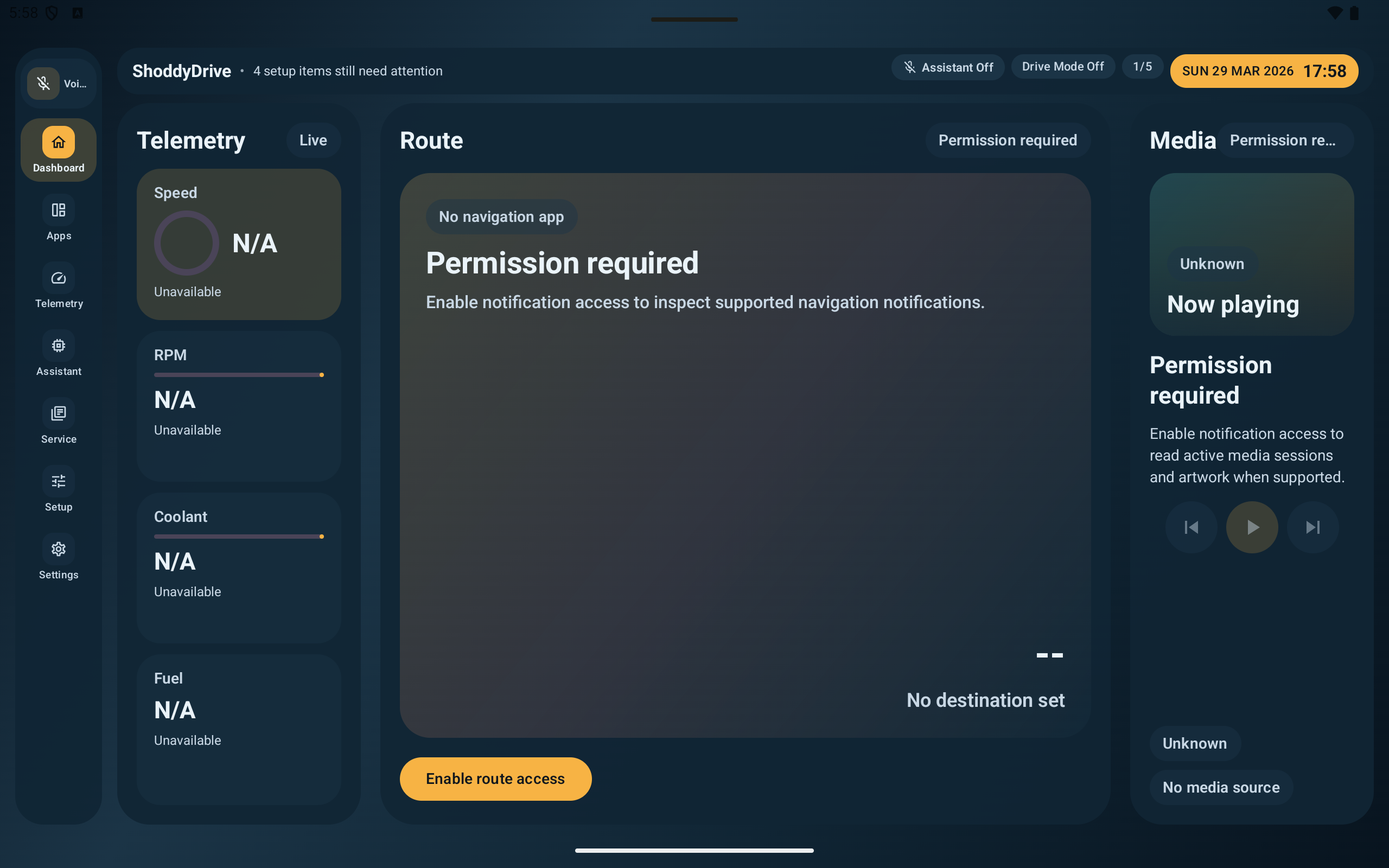 ShoddyDrive dashboard screenshot showing telemetry and route panels