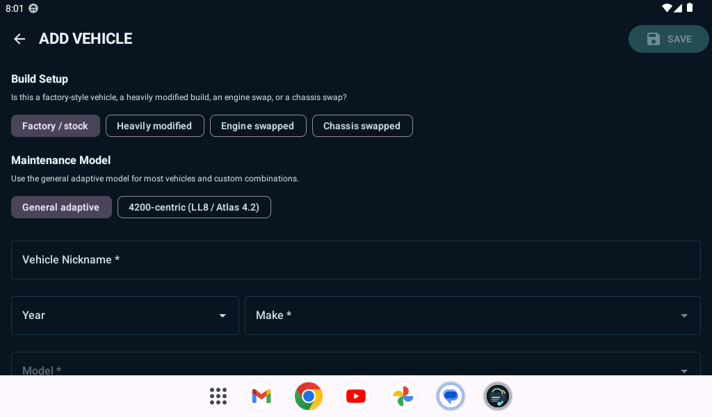 ShoddyMaintenance build setup screenshot showing vehicle nickname and maintenance model choices